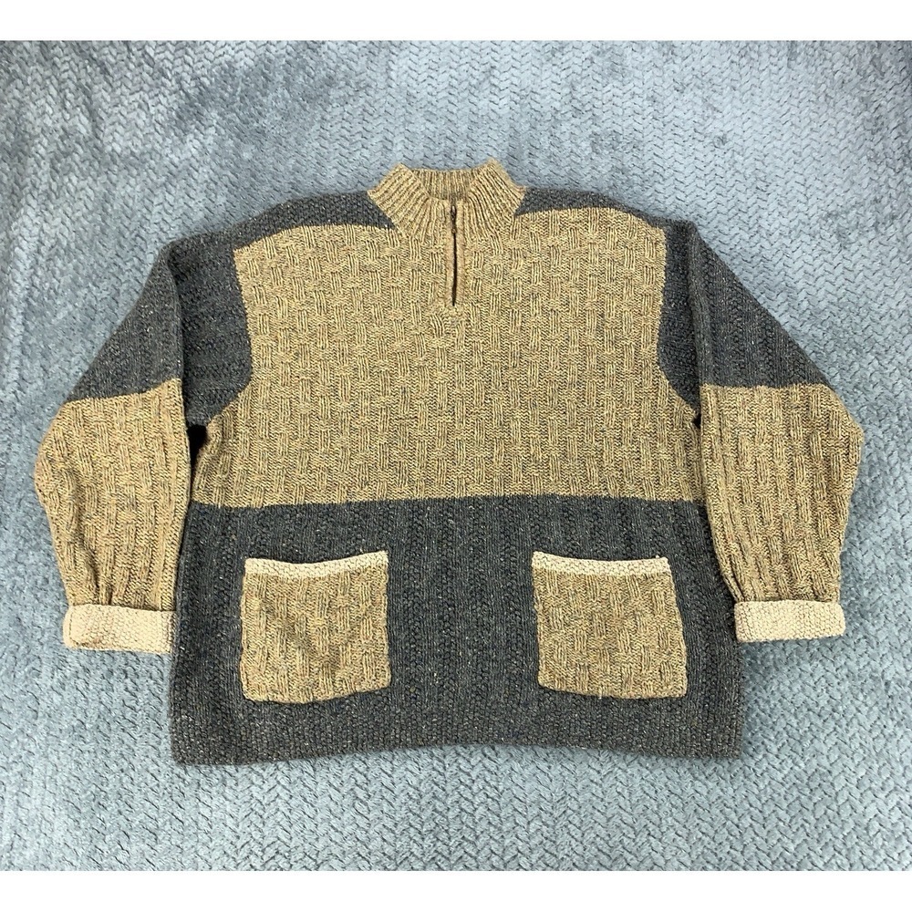 Vintage Northern Isles Sweater Women's Large Colorblock 1/4 Zip Handknit Pockets